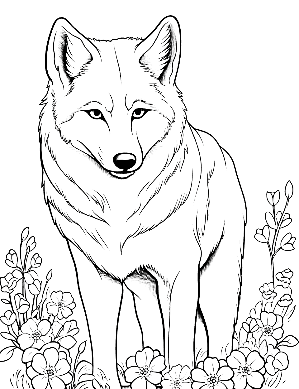 Wolf's Garden Wolf Coloring Page - A wolf surrounded by a garden of blooming flowers.