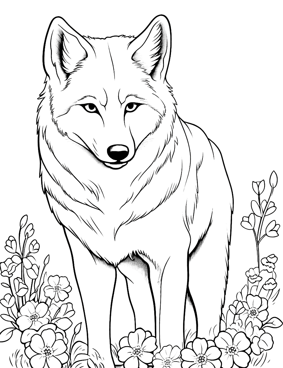 Wolf's Garden Coloring Page - A wolf surrounded by a garden of blooming flowers.