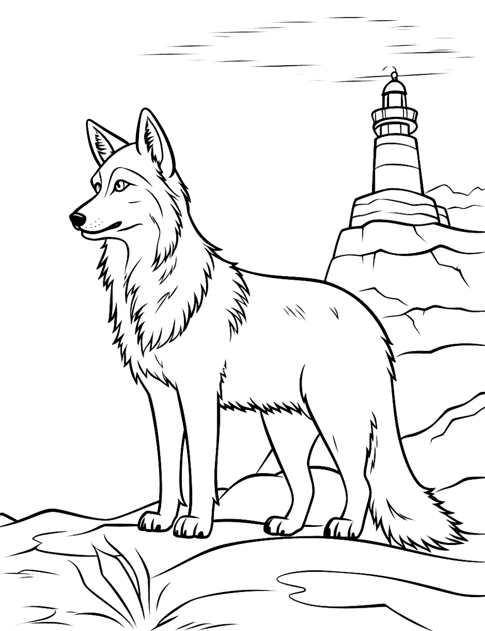 Wolf and the Lighthouse Coloring Page - A wolf on a cliff, with a distant lighthouse.