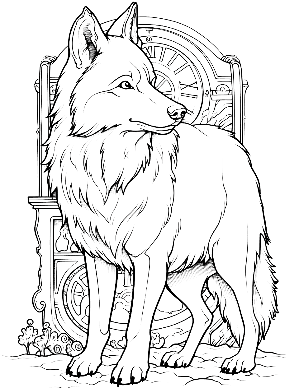 Wolf and the Time Machine Coloring Page - A wolf stepping out of a time machine.