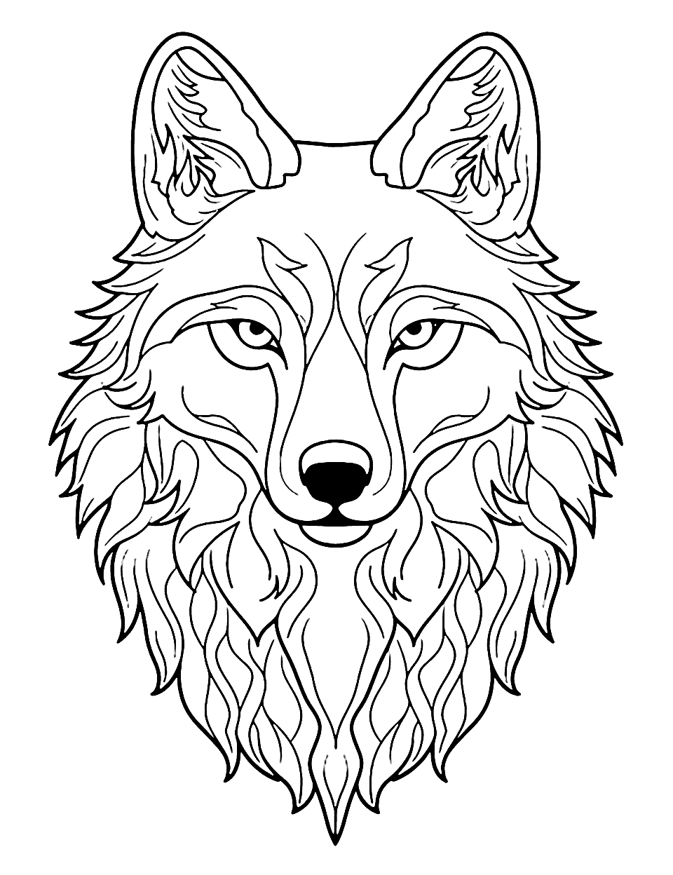 Wolf Mandala Coloring Page - Intricate mandala patterns radiating outwards from a central wolf head design.