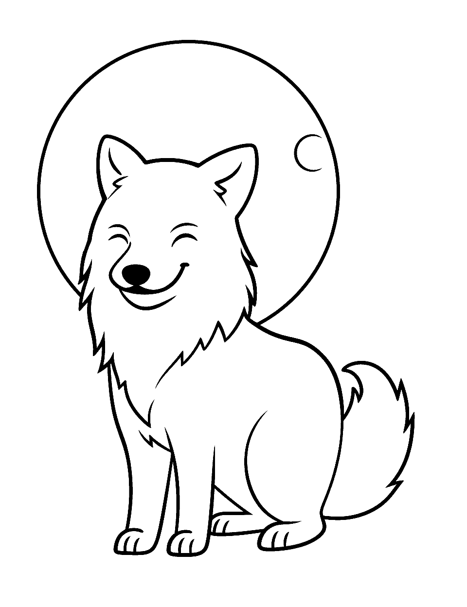 Kawaii Wolf and Moon Coloring Page - An adorable kawaii, tiny wolf with a moon in the background.