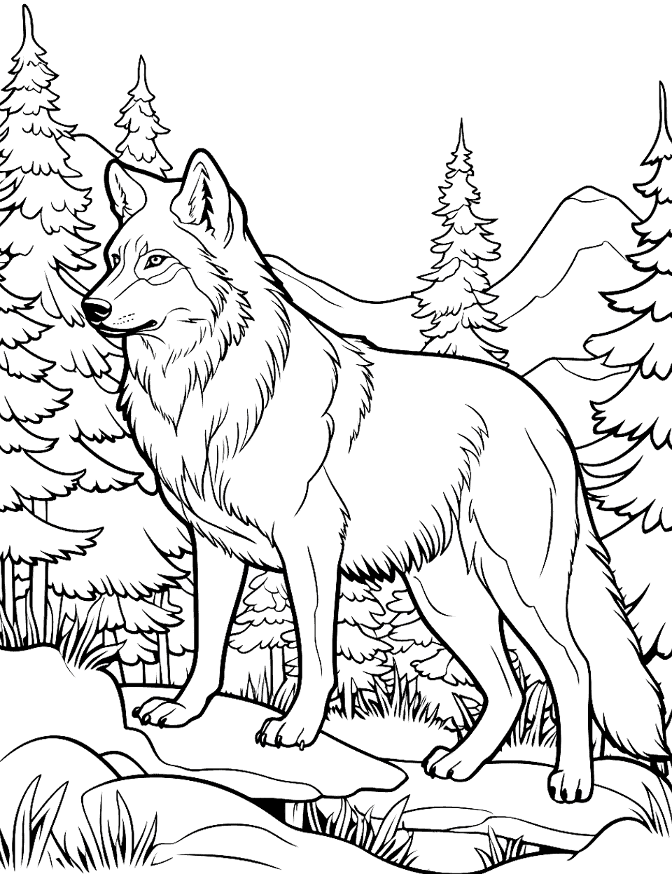 Detailed Wolf in the Forest Coloring Page - A wolf amidst a detailed backdrop of trees, rocks, and a flowing stream.