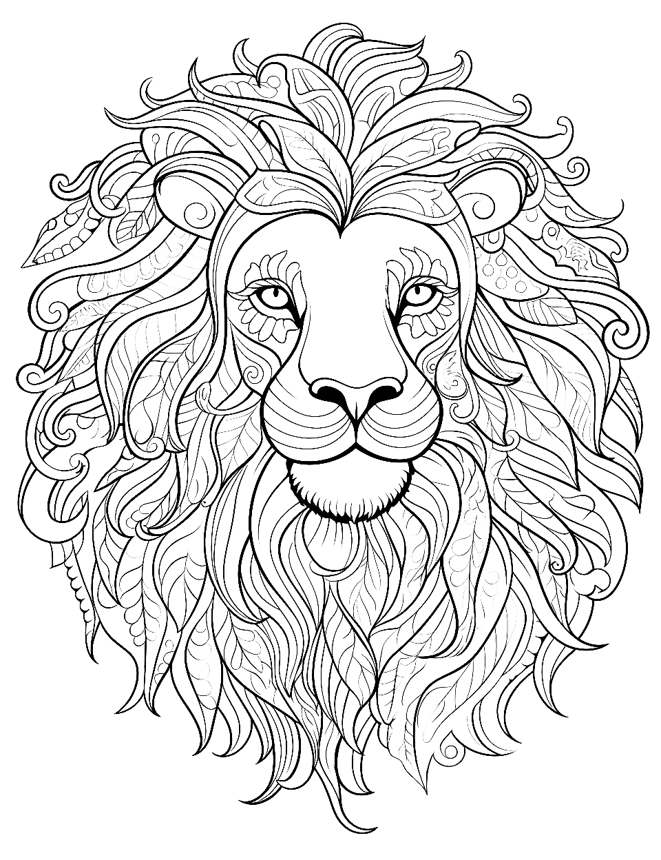 Lion's Majestic Mane Adult Coloring Page - A lion shows off its impressive mane flowing in the wind.
