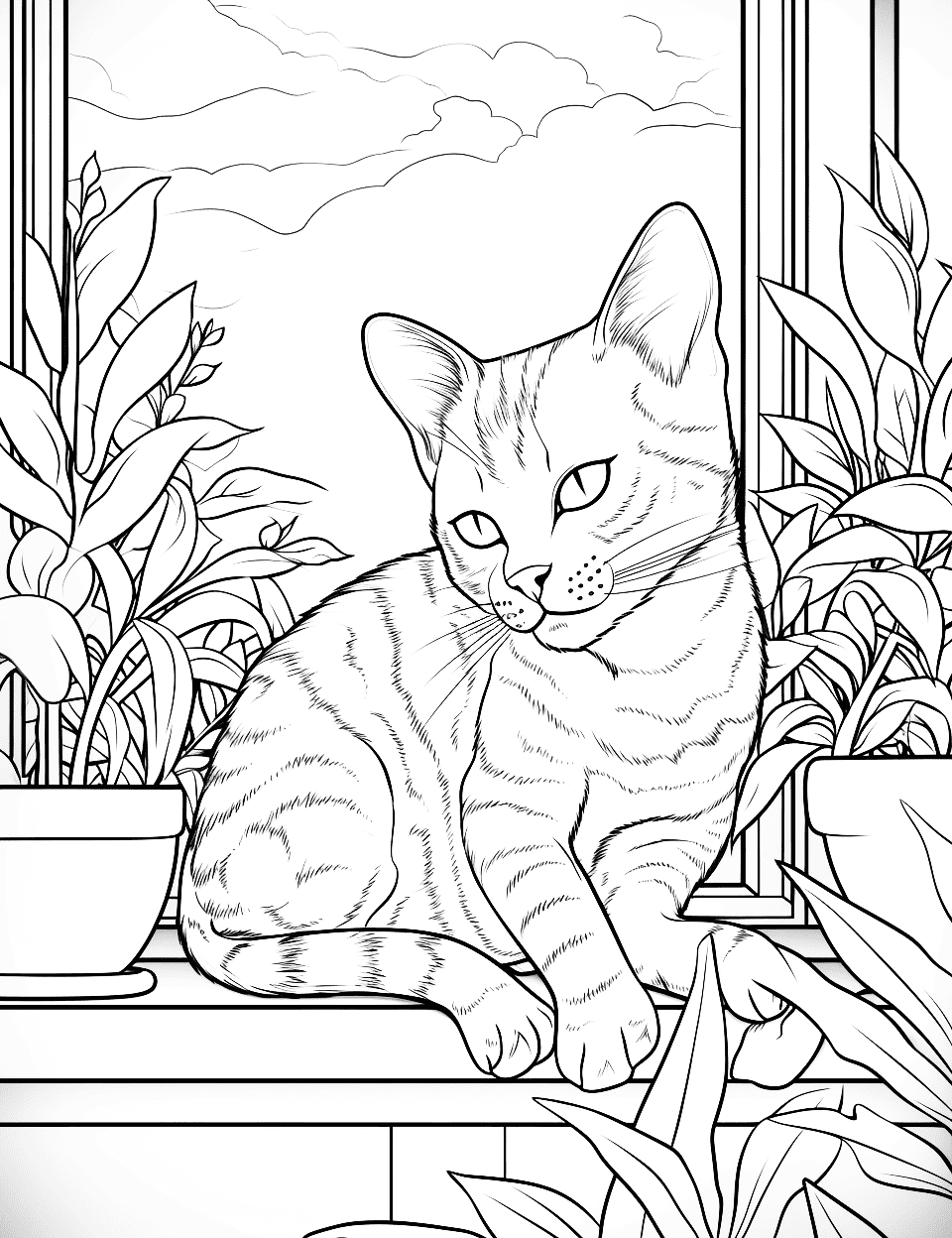 Cat's Windowsill Rest Adult Coloring Page - A cat curls up on a windowsill next to a potted plant.