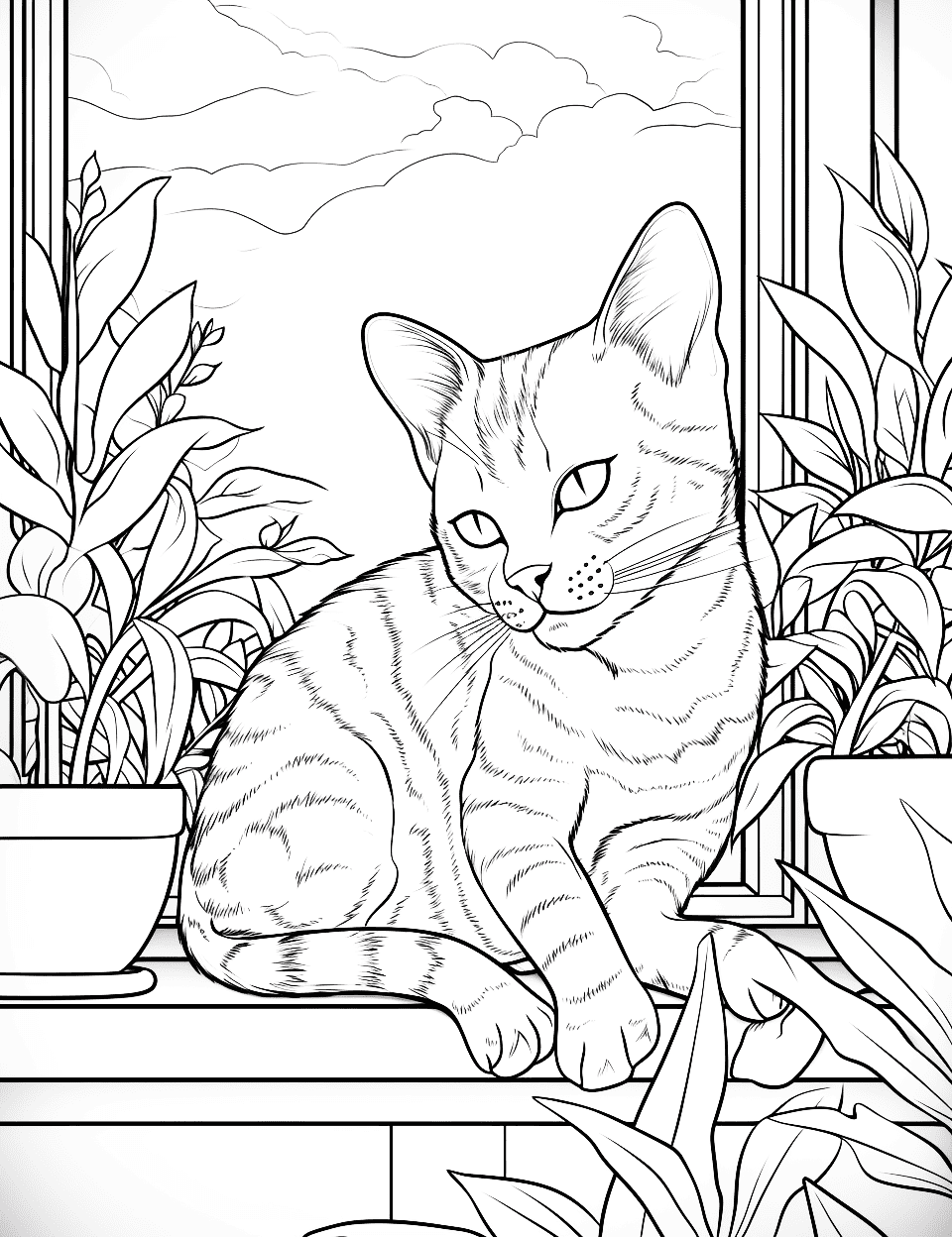 Cat's Windowsill Rest Adult Coloring Page - A cat curled up on a windowsill with a potted plant.