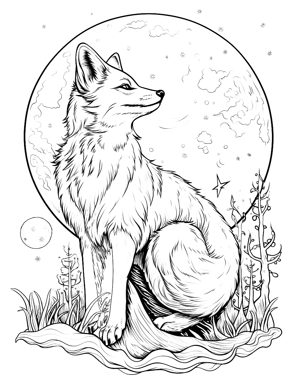 Fox's Nighttime Vigil Adult Coloring Page - A fox looks up at the moon.