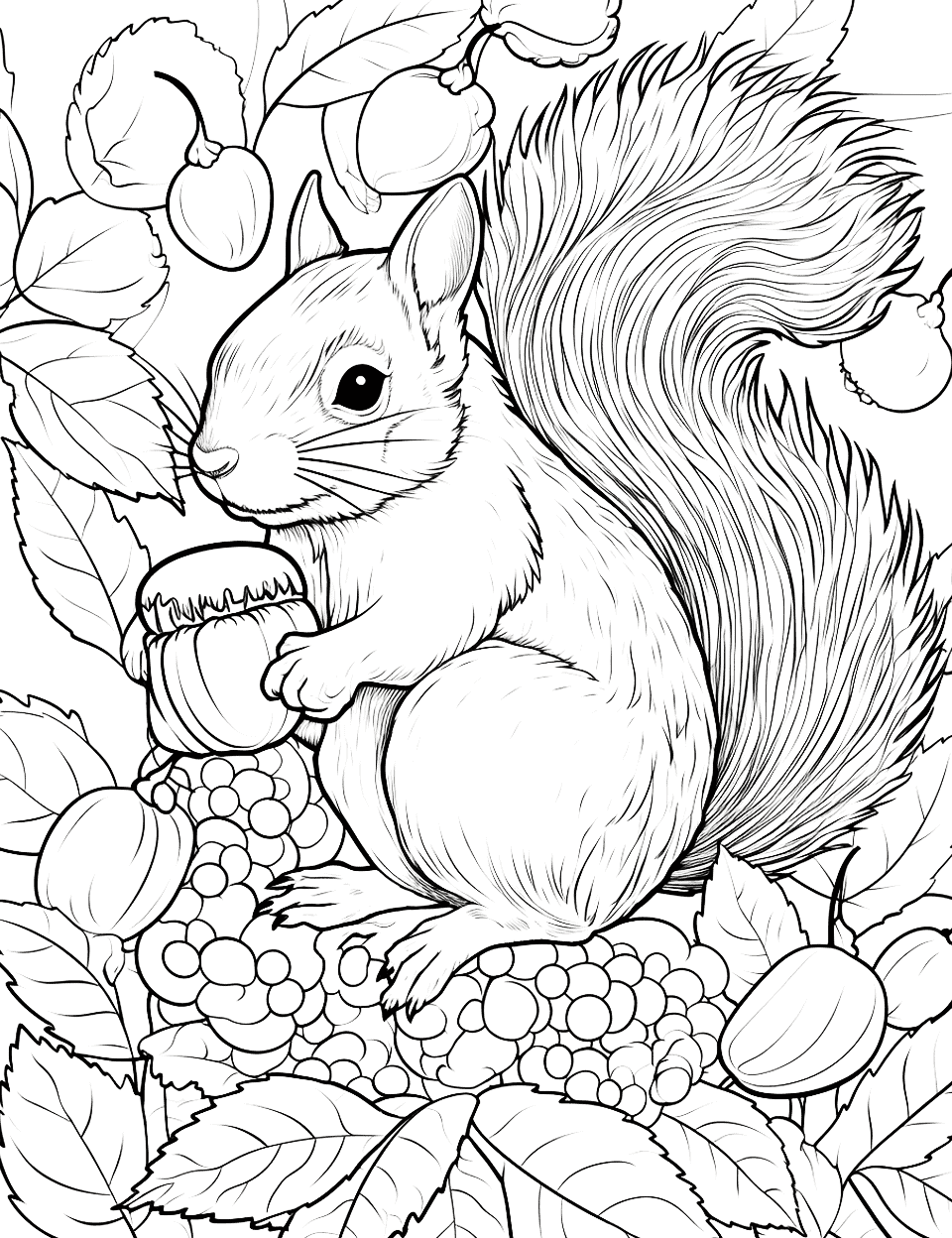 Squirrel's Nutty Affair Adult Coloring Page - A squirrel clutches a large acorn while leaves surround it.