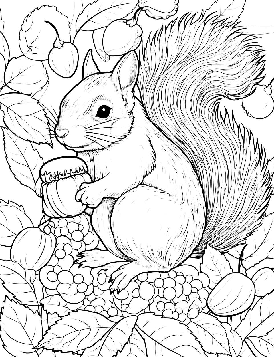 Squirrel's Nutty Affair Adult Coloring Page - A squirrel clutching a large acorn with leaves surrounding it.