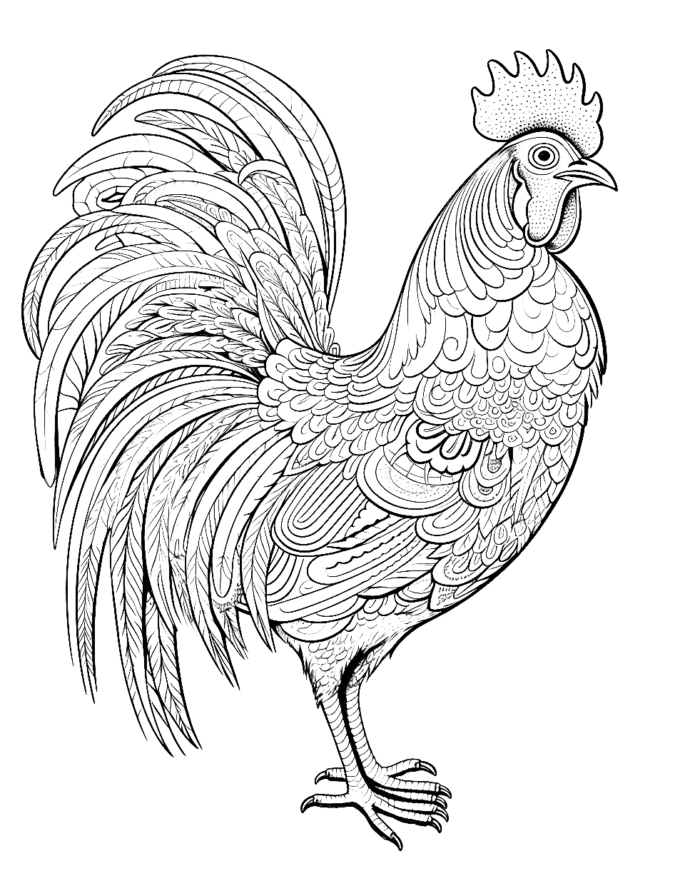 Rooster With Detail Adult Coloring Page - A detailed rooster stands proudly.