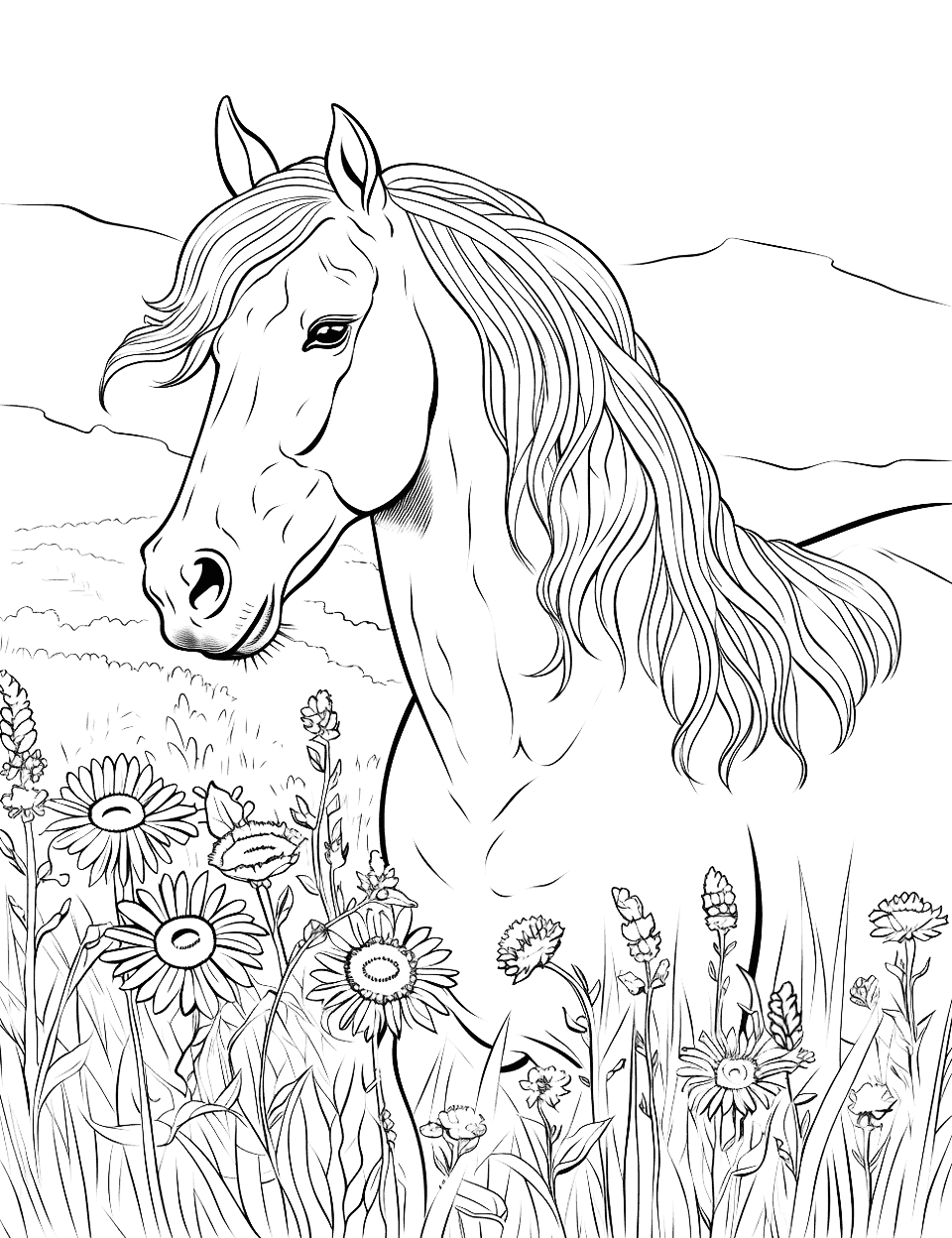 Horse Grazing in the Meadow Adult Coloring Page - A horse with a flowing mane visiting a meadow.