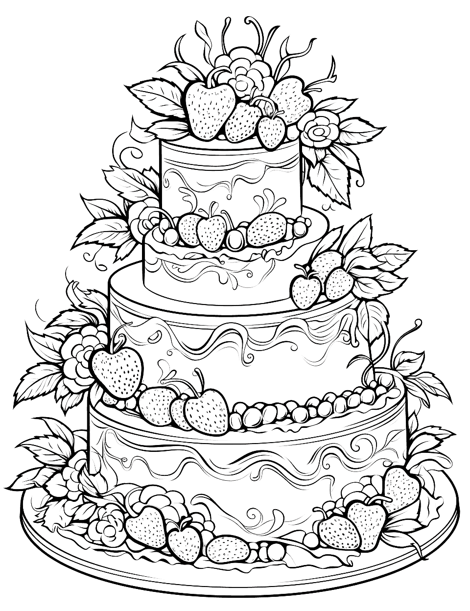 Decadent Delight Adult Coloring Page - A beautifully decorated three-tier cake.
