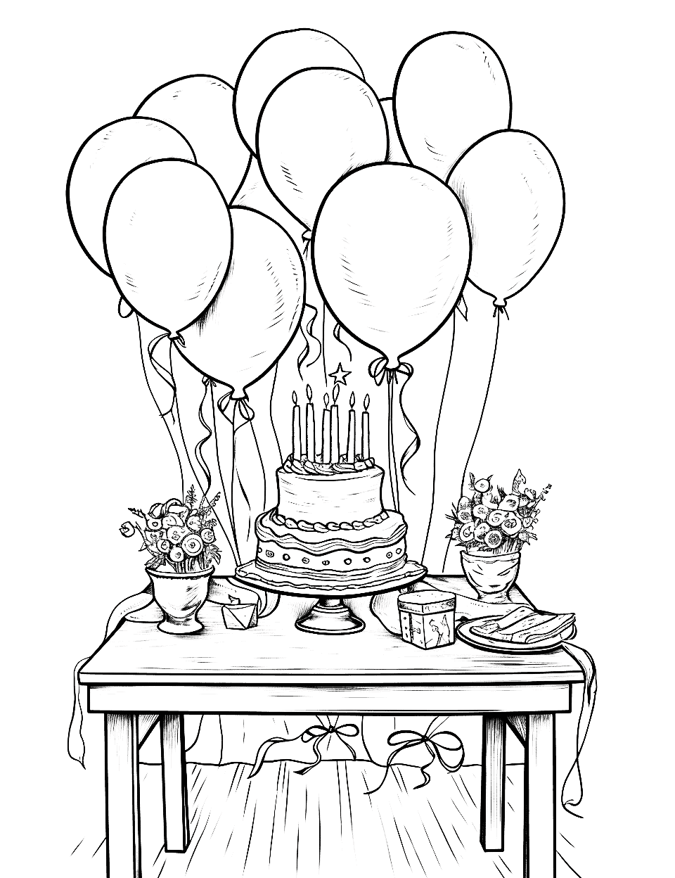 Birthday Surprise Adult Coloring Page - A table displays a cake, gifts, and balloons.