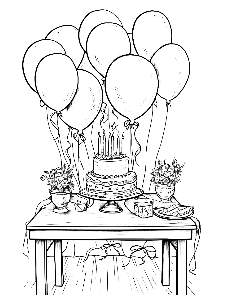 Birthday Surprise Adult Coloring Page - A table laid out with a cake, gifts, and balloons.