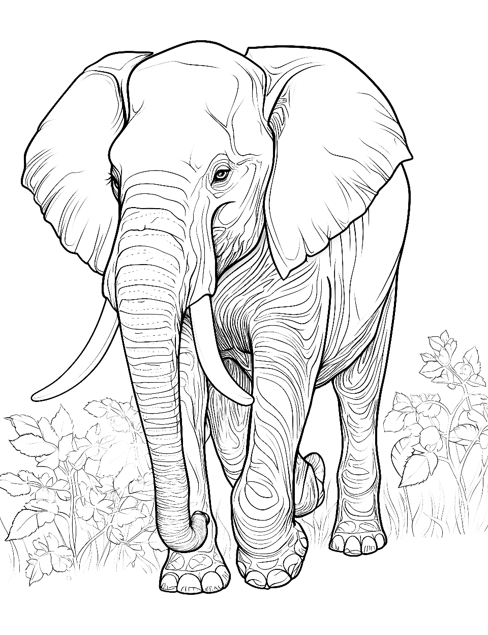 Elephant's Gentle Stroll Adult Coloring Page - An elephant sways its trunk gracefully.