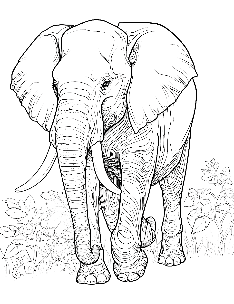 Elephant's Gentle Stroll Adult Coloring Page - An elephant with its trunk swaying gracefully.