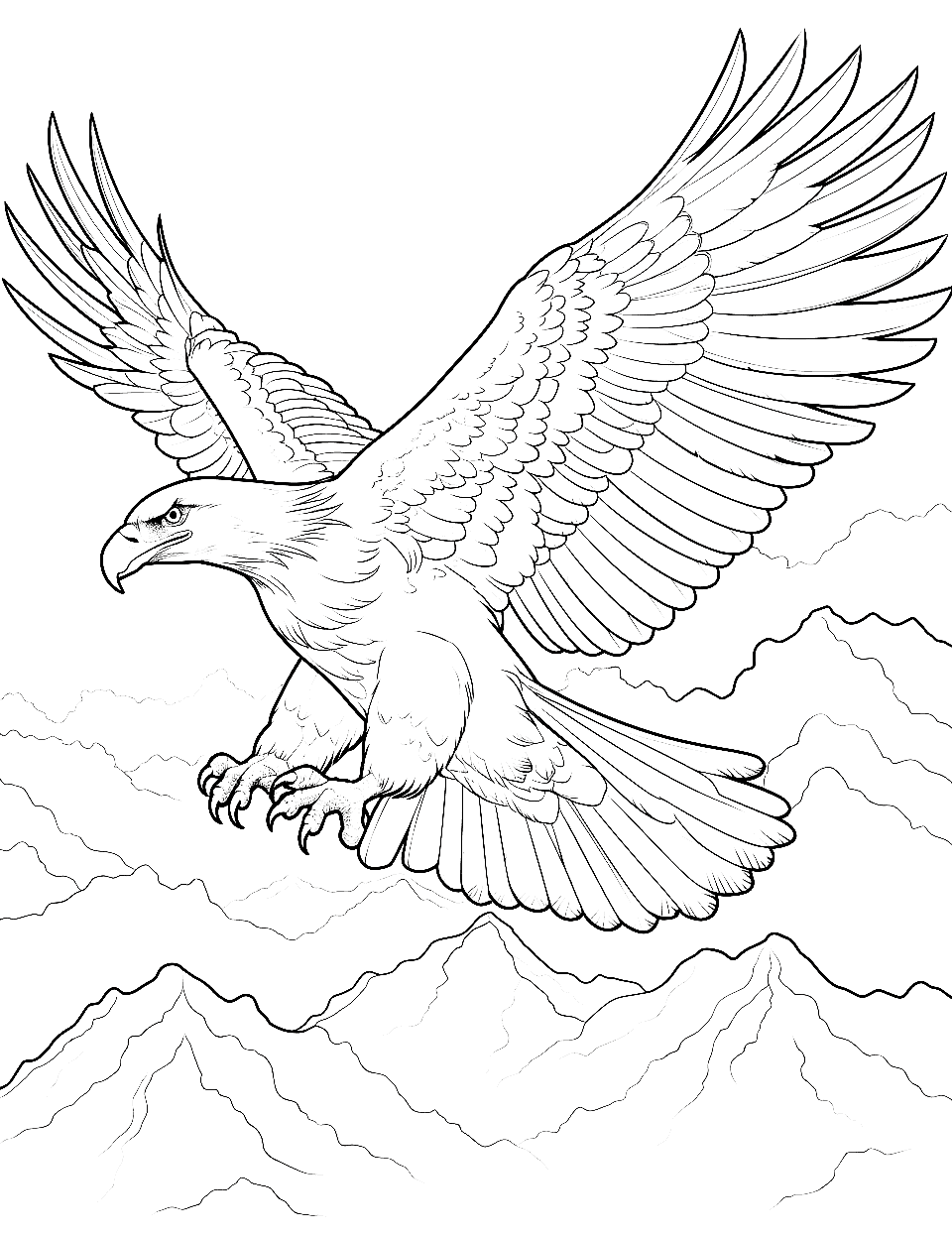 Eagle's Skyward Soar Adult Coloring Page - An eagle spreads its wings wide and soars against the sky.
