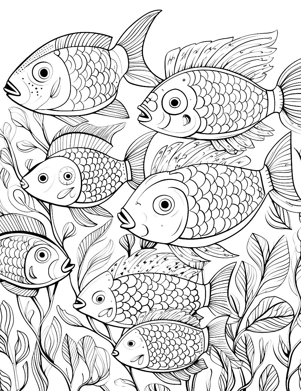 Fish School Harmony Adult Coloring Page - A group of fish swims in a coordinated pattern.