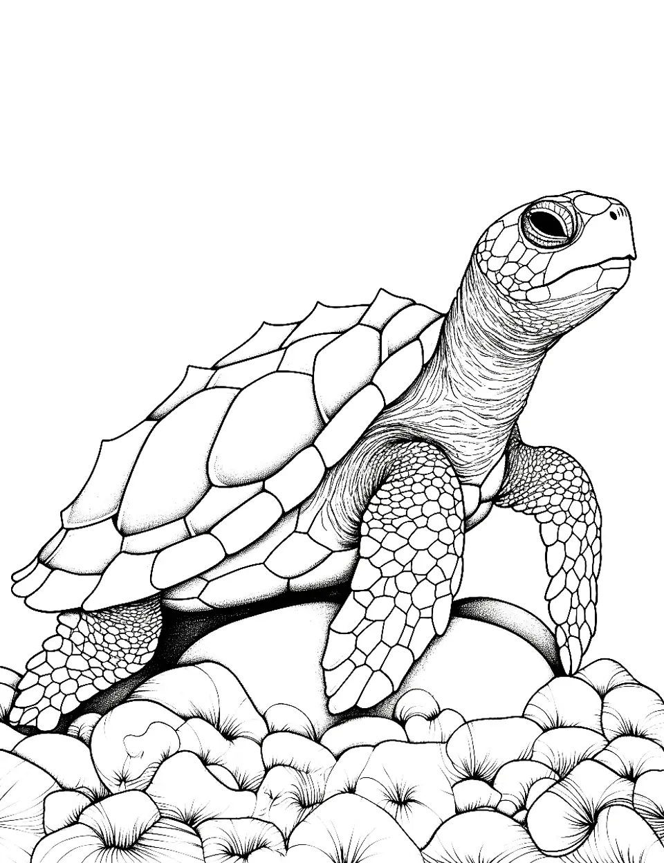 Turtle's Sunny Bask Adult Coloring Page - A turtle resting on a rock, soaking up the sun.