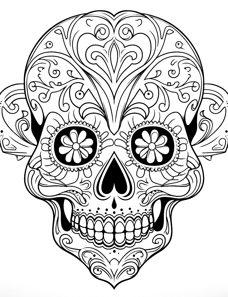 Mystical Skull Adult Coloring Page - A detailed skull features tribal markings.