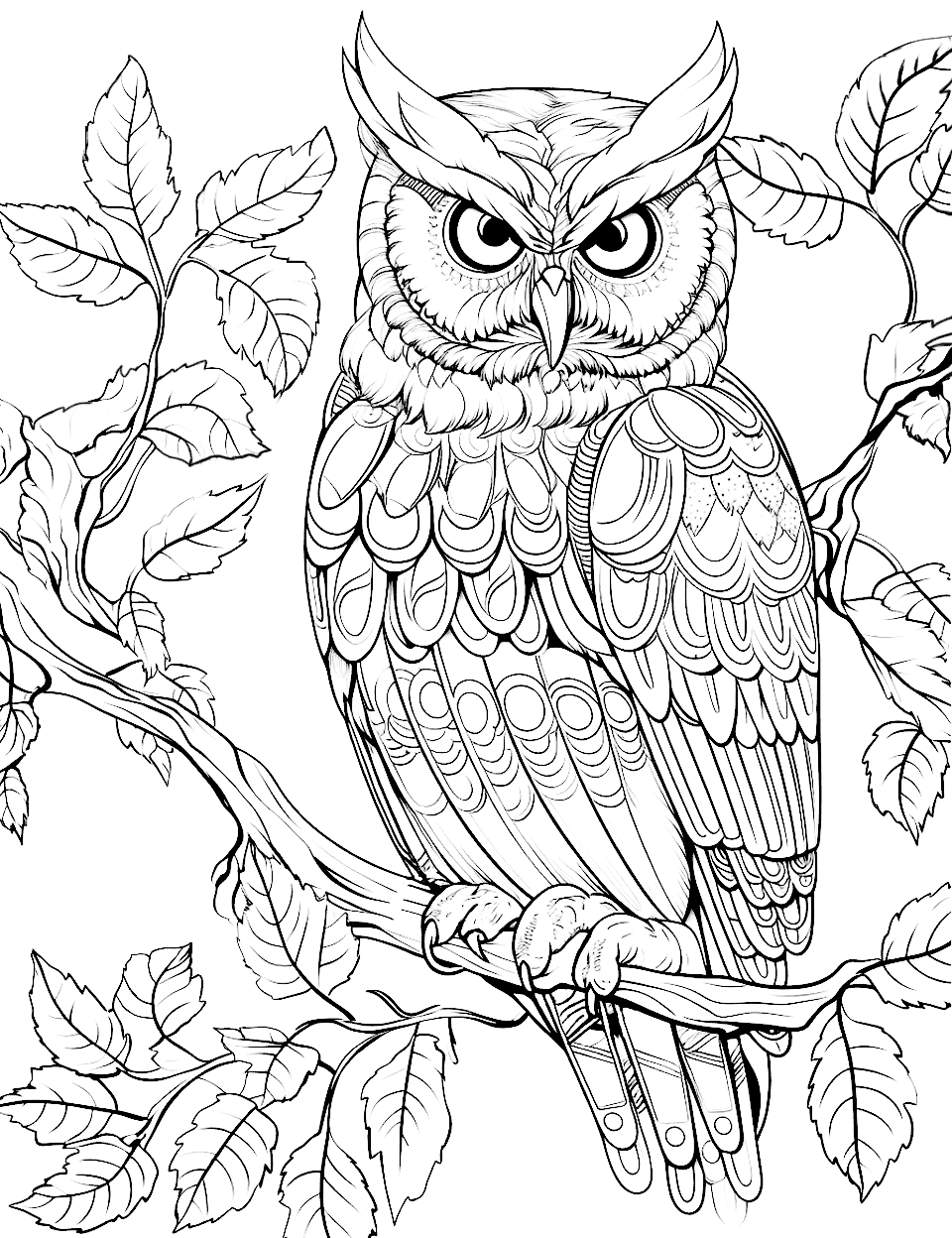 Forest's Silent Observer Adult Coloring Page - An owl perches on a branch with its eyes wide open.
