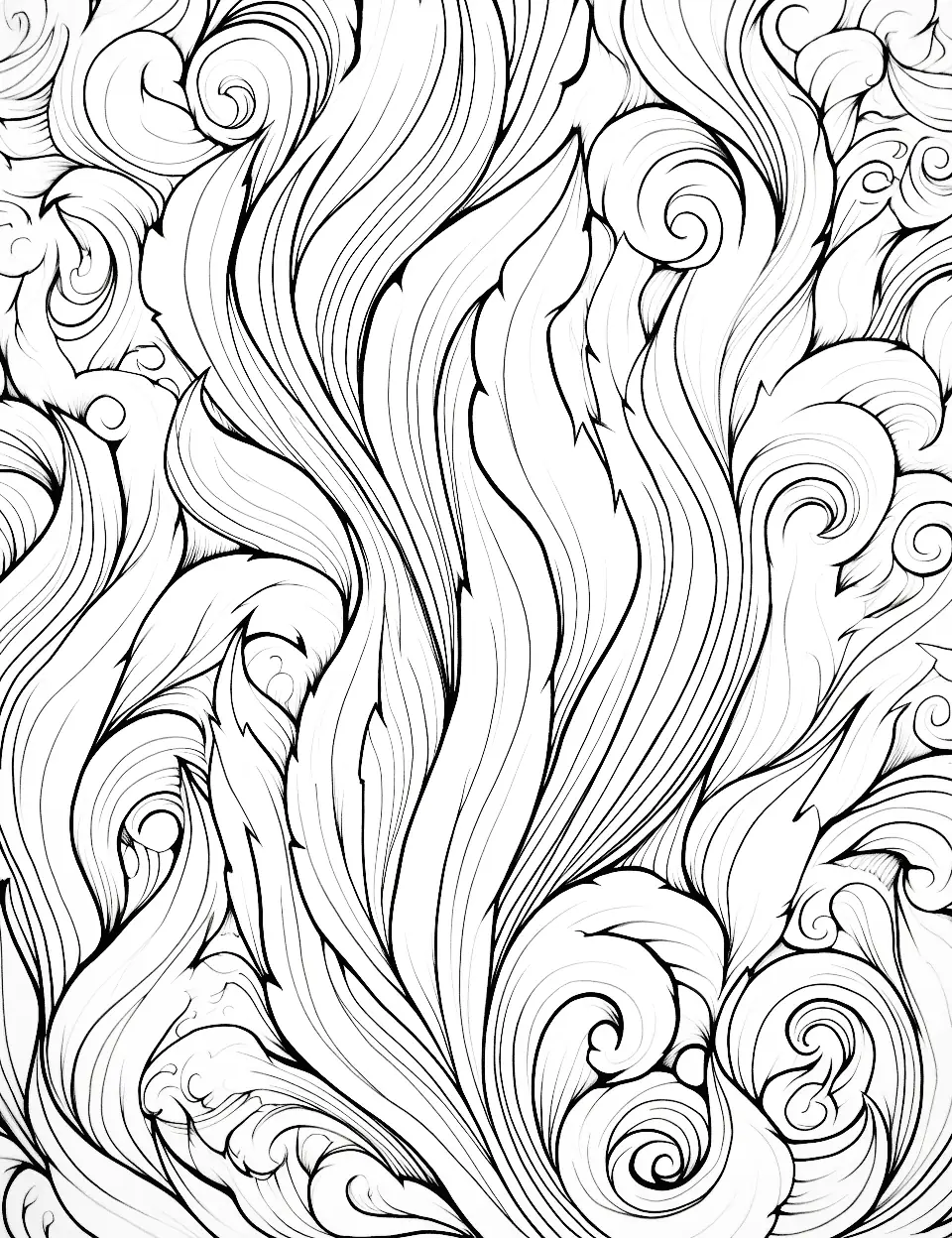Dancing Flames Adult Coloring Page - Flames dancing with intricate patterns.