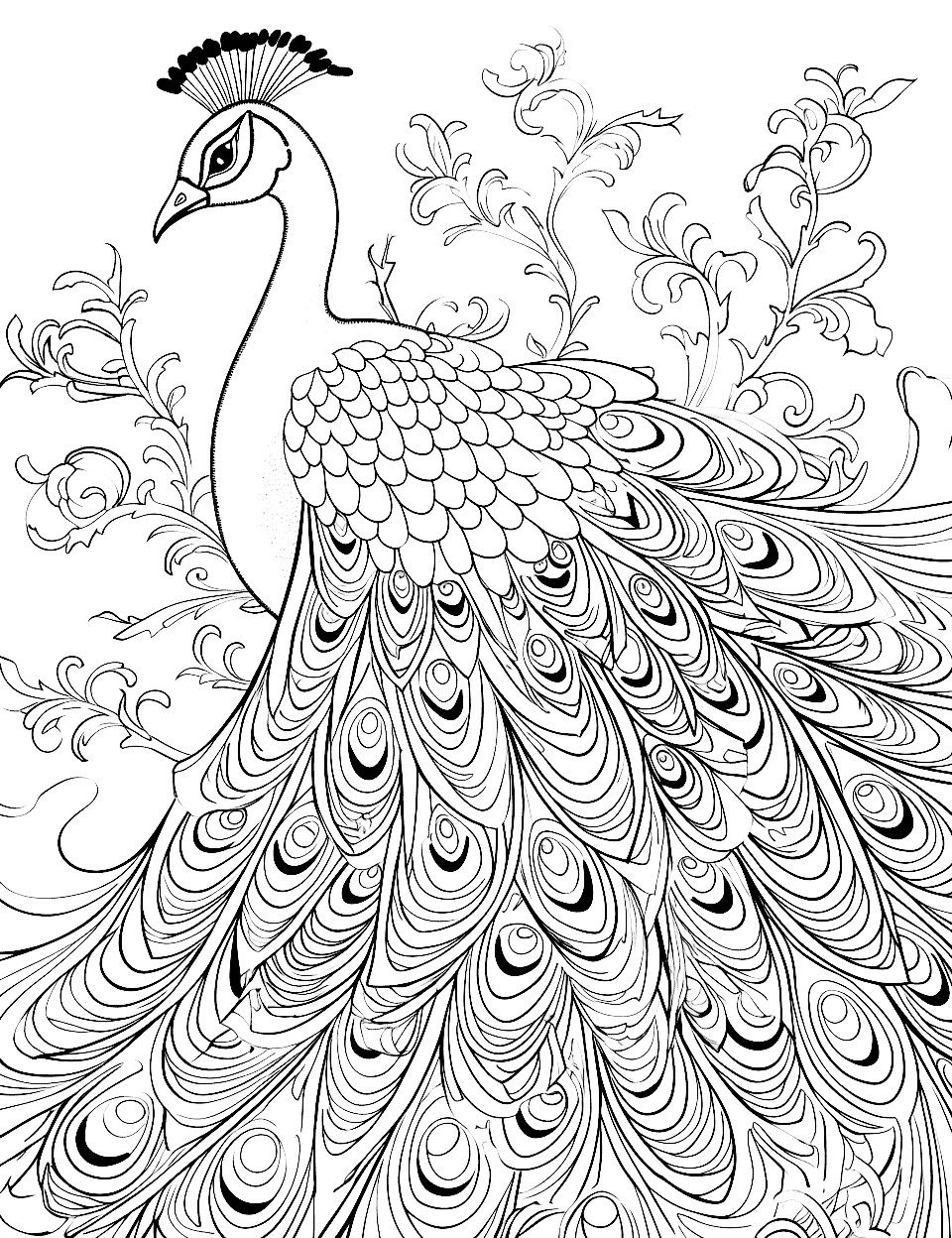 Peacock's Feathered Splendor Adult Coloring Page - A peacock with its vibrant tail feathers spread out.