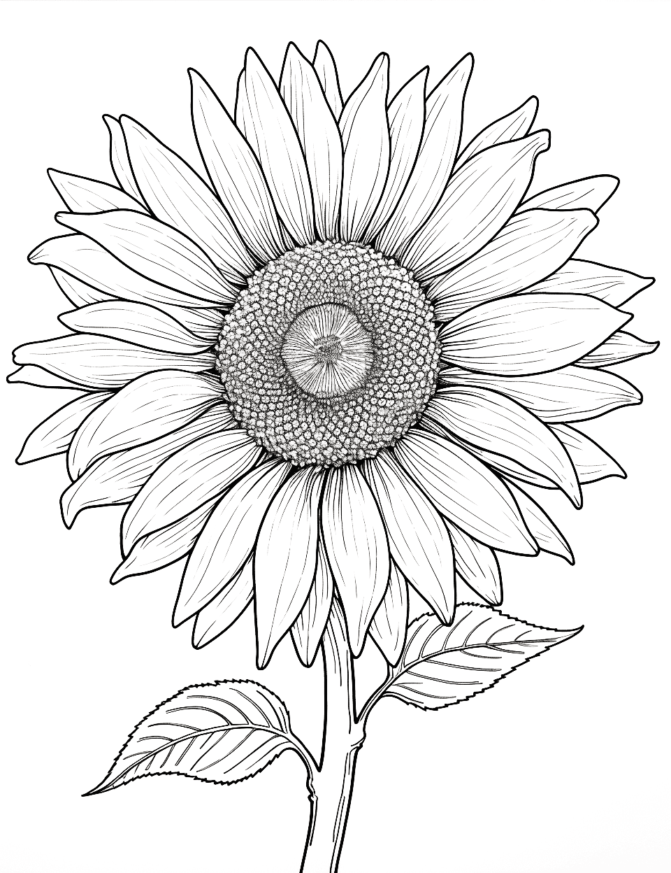 Sunflower's Sunny Day Adult Coloring Page - A blooming sunflower with petals reaching out.