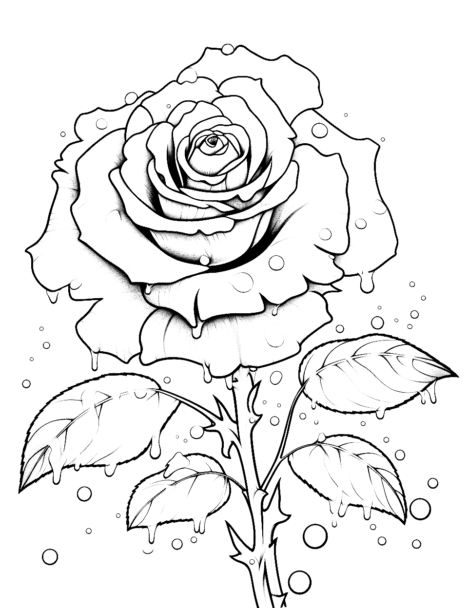 Rose's Thorny Grace Adult Coloring Page - A rose in full bloom holds dew drops on its petals.