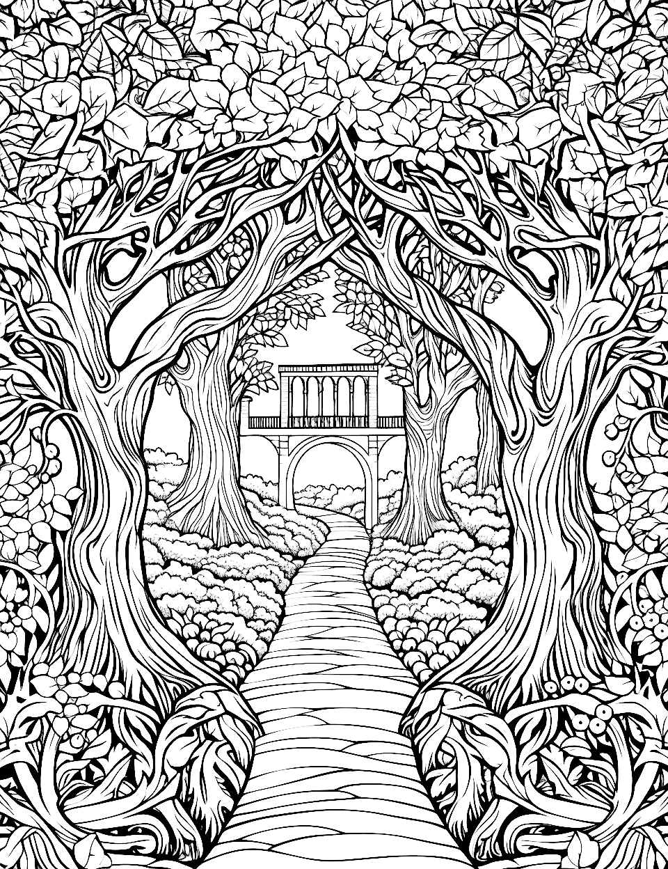 Enchanted Forest Path Adult Coloring Page - A winding path with trees arching overhead.
