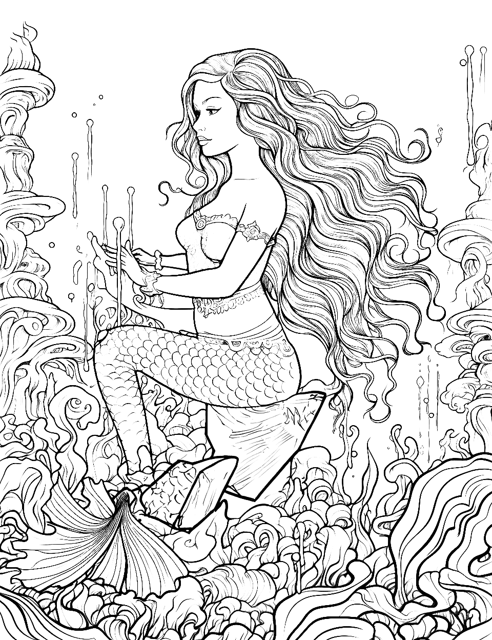 Mythical Mermaid Adult Coloring Page - A mermaid sits on a rock.