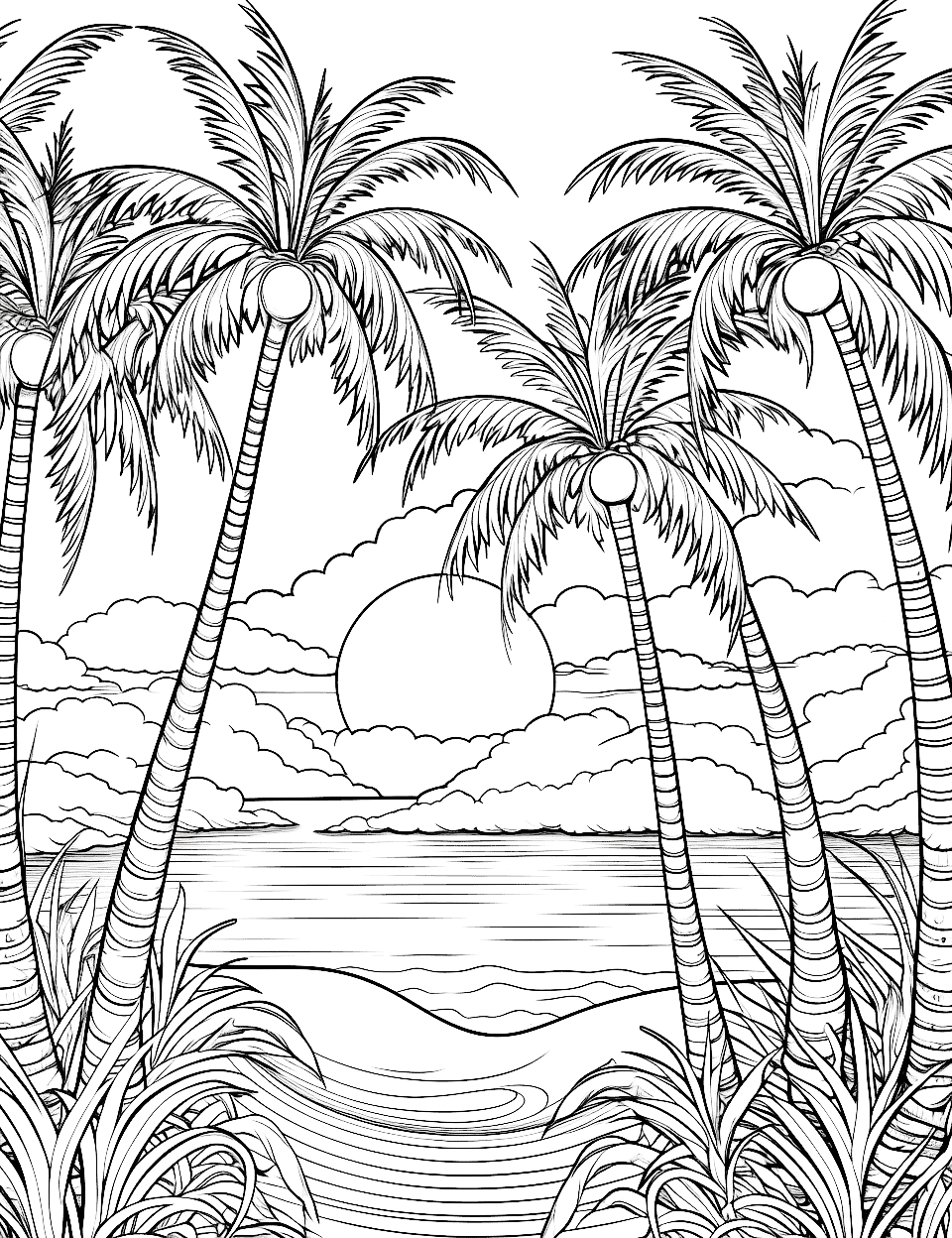 Tropical Paradise Adult Coloring Page - Palm trees with coconuts against a setting sun.
