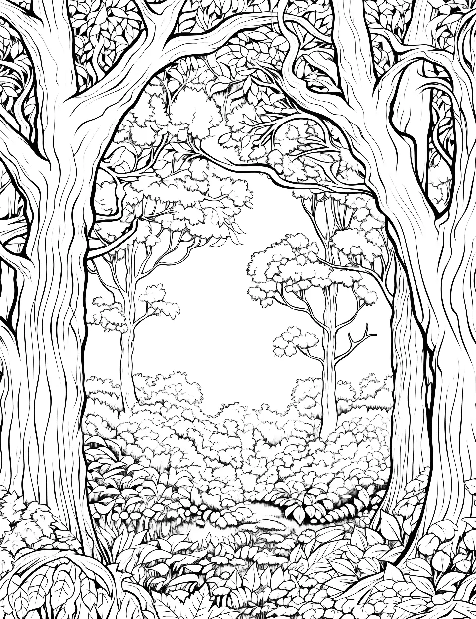 Enchanted Forest Canopy Adult Coloring Page - Overarching trees with light filtering through.