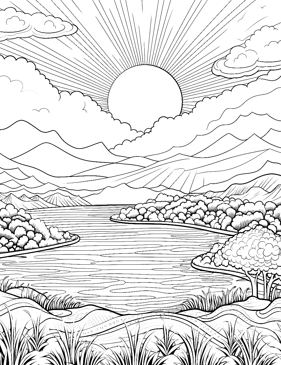 Inspiring Sunrise Adult Coloring Page - The first light of dawn breaks over a peaceful landscape.