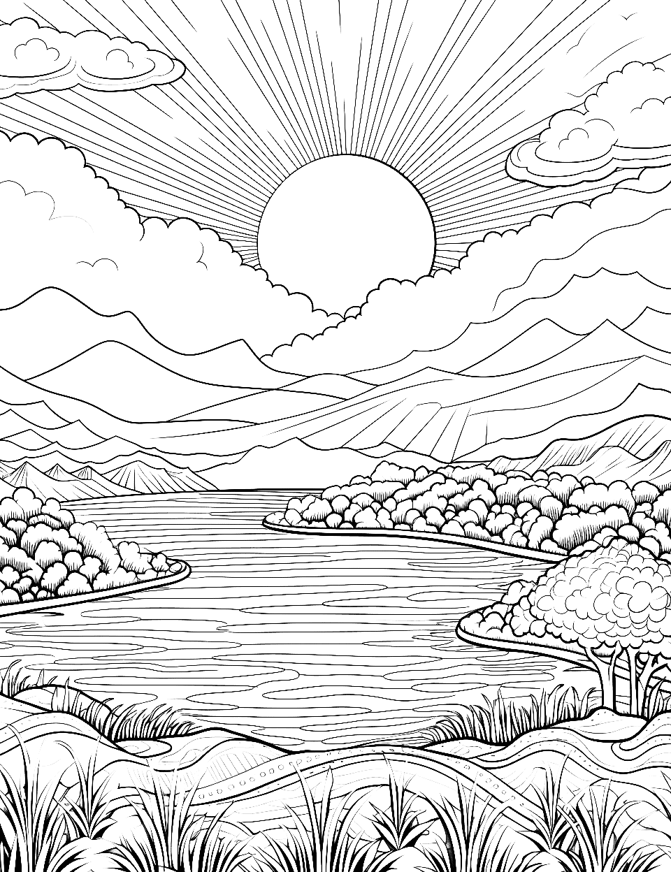 Inspiring Sunrise Adult Coloring Page - The first light of dawn breaking over a peaceful landscape.