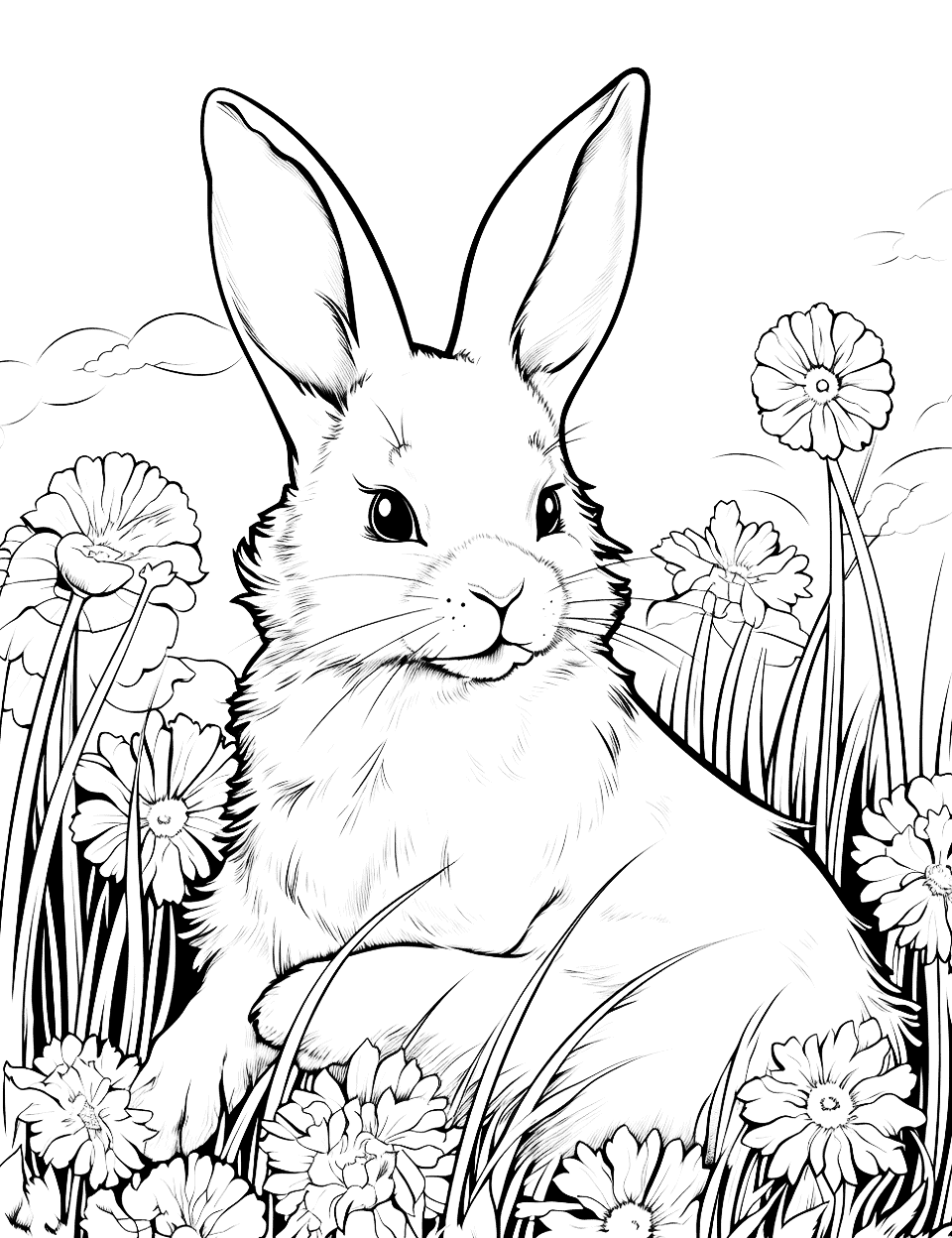 Rabbit's Meadow Rest Adult Coloring Page - A rabbit rests among flowers.