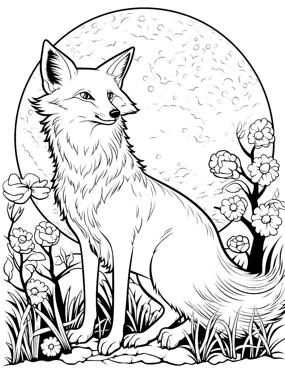 Fox's Moonlit Hunt Adult Coloring Page - A fox with alert ears against a moonlit backdrop.