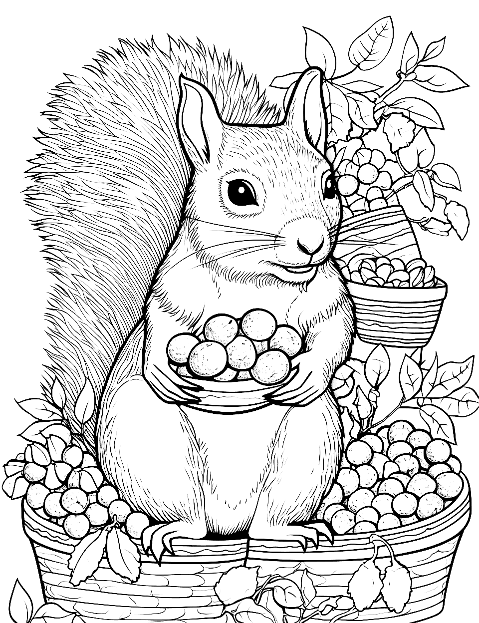 Squirrel's Nut Stash Adult Coloring Page - A squirrel with a stash of acorns ready for winter.