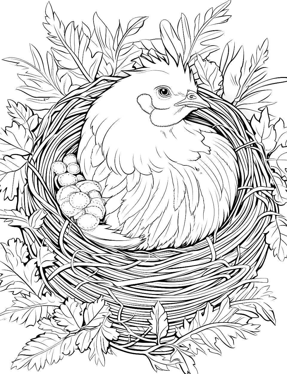 Chicken's Cozy Nest Adult Coloring Page - A chicken settling comfortably in its straw nest.