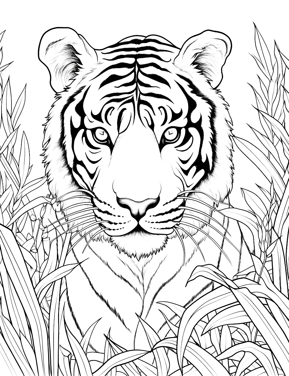 Tiger's Stealthy Stalk Adult Coloring Page - A tiger moving stealthily in tall grass.