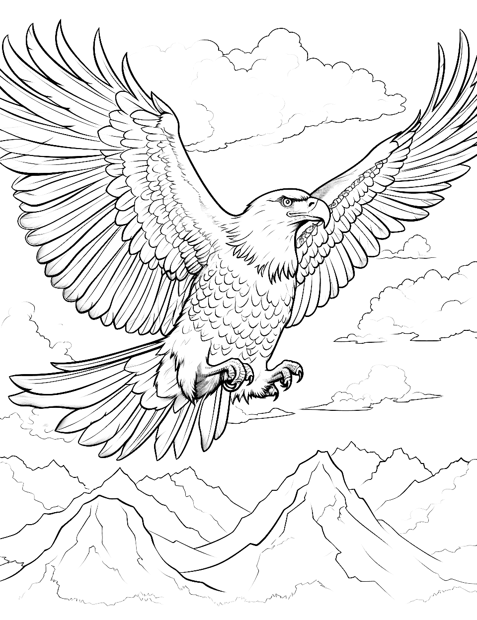 Eagle's Skyward View Adult Coloring Page - An eagle soars above the clouds.