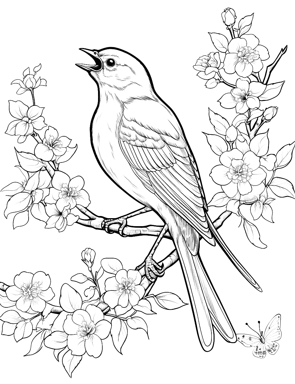 Bird's Melodious Tune Adult Coloring Page - A bird sings on a blossoming branch.