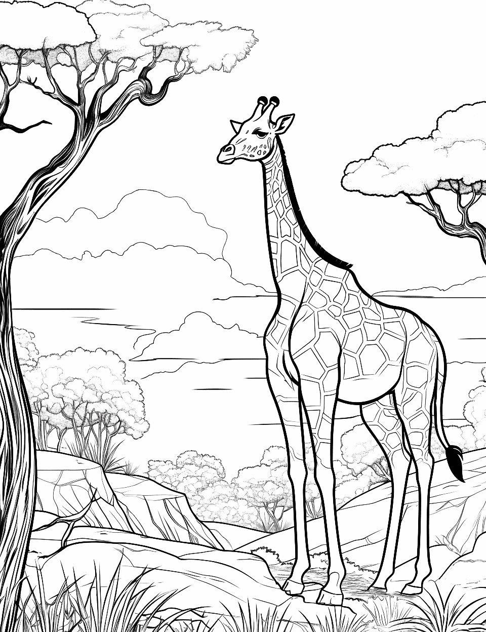 Giraffe's Horizon  Adult Coloring Page - A giraffe stands in the vast savannah.