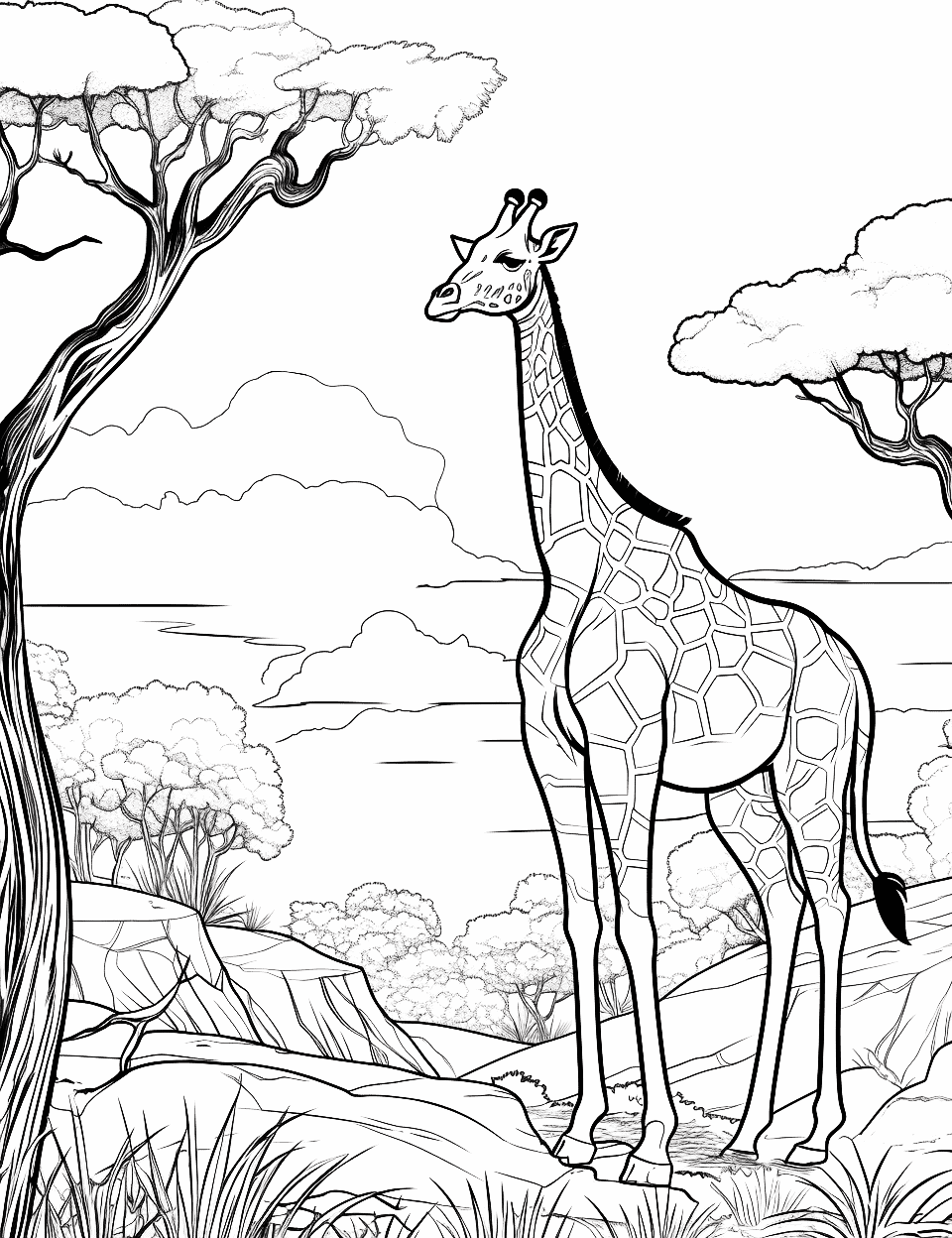 Giraffe's Horizon  Adult Coloring Page - A giraffe standing in between the vast savannah.