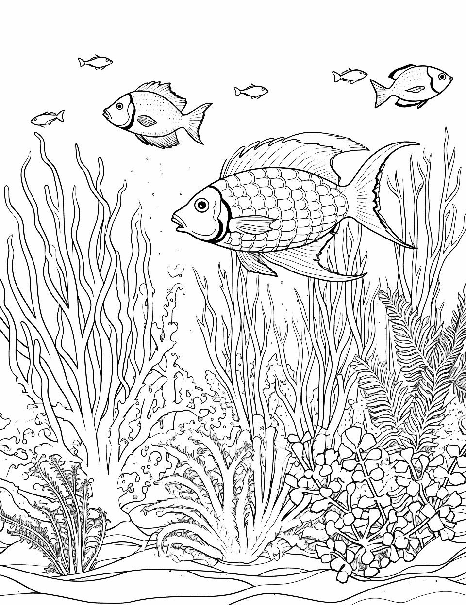 Fish's Coral Dance Adult Coloring Page - Fish weaving in and out of coral formations.