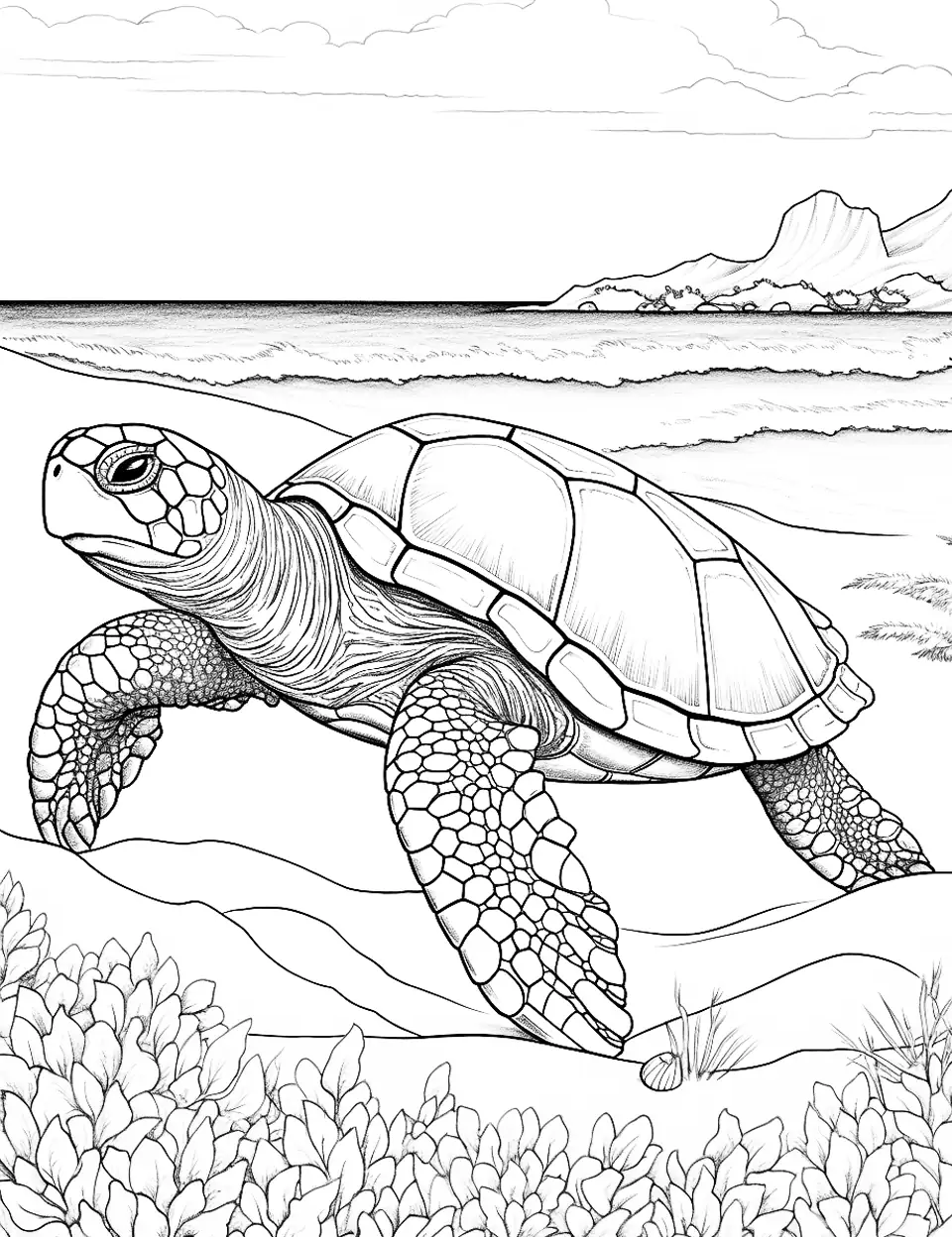 Turtle's Timeless Journey Adult Coloring Page - A turtle taking its time across a sandy beach.