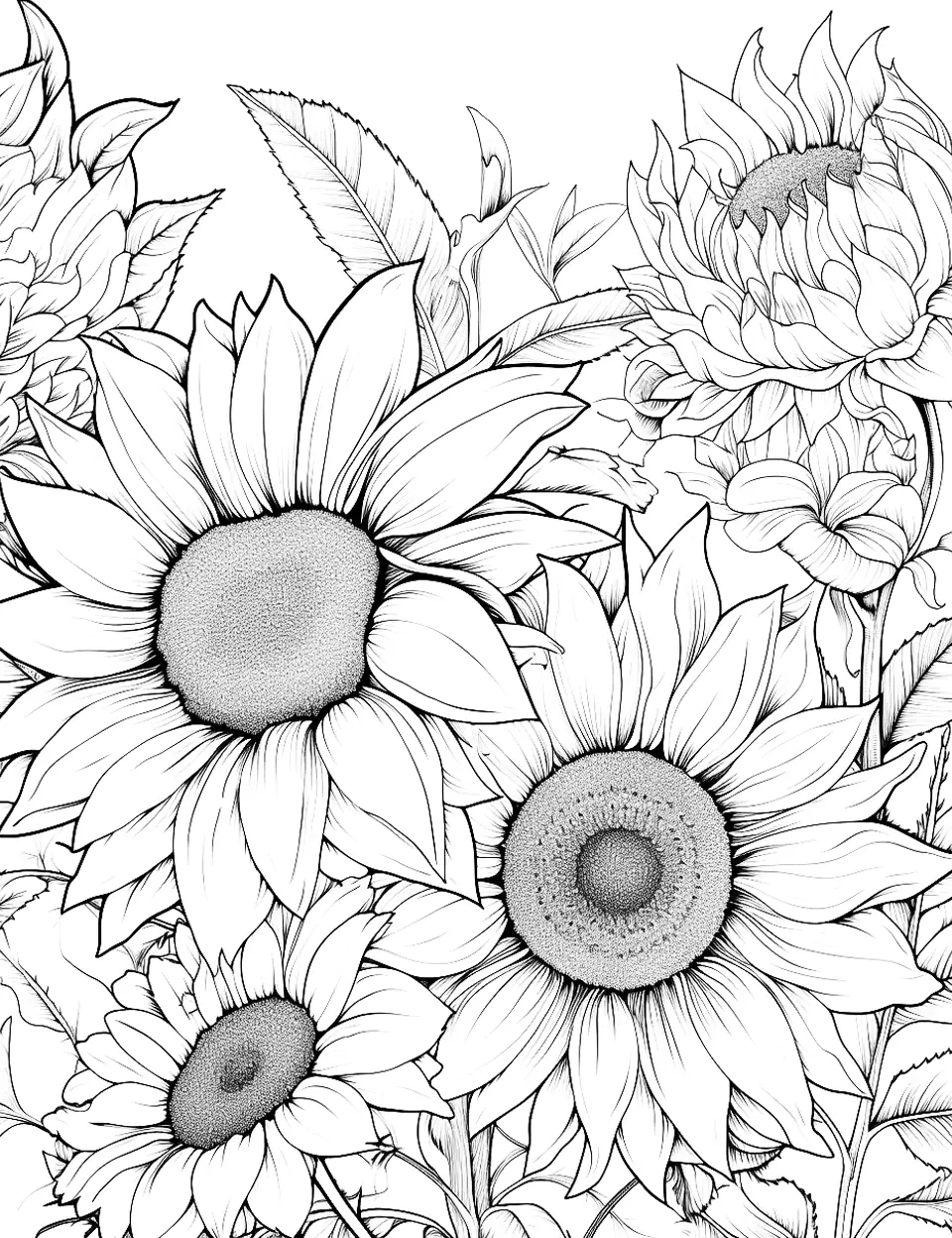 Summer Solstice Adult Coloring Page - Sunflowers and daisies basking in the sun.