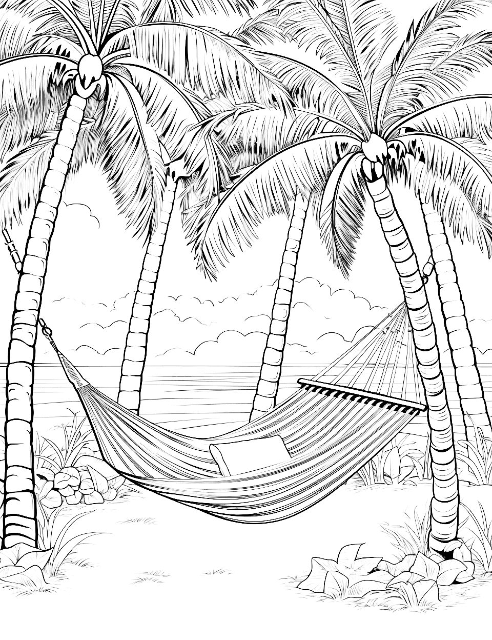 Tropical Oasis Adult Coloring Page - A hammock hangs between two palm trees.