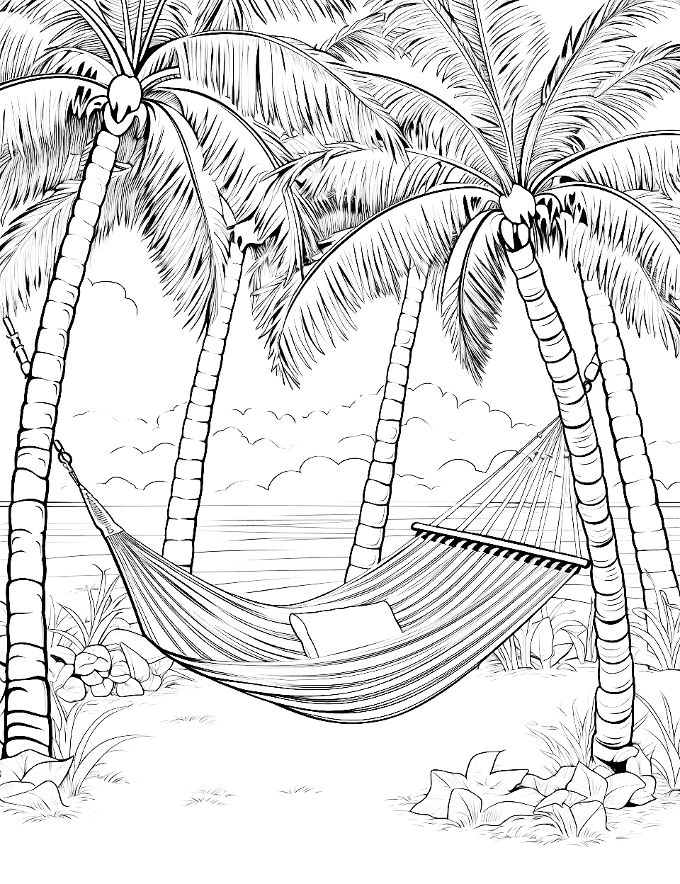 Tropical Oasis Adult Coloring Page - A hammock strung between two palm trees.