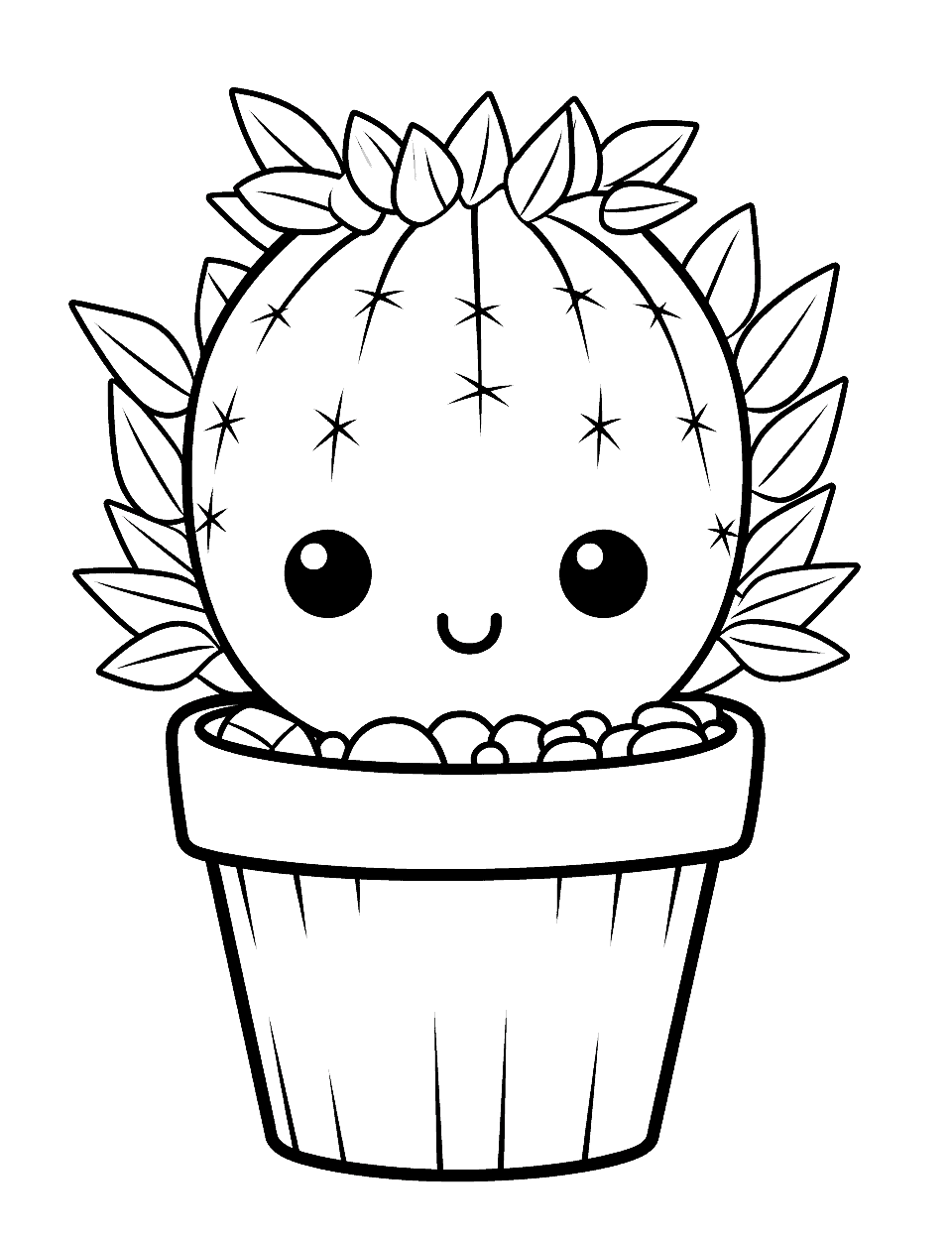 Kawaii Cactus Adult Coloring Page - A cute little cactus with big, sparkling eyes.